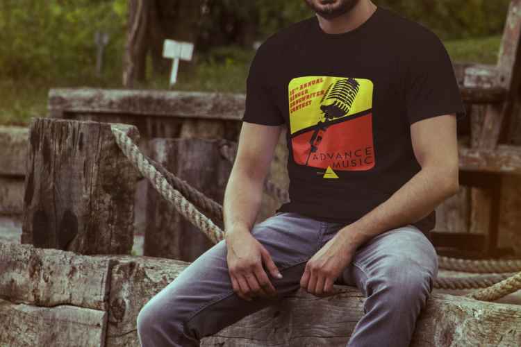 Man wearing Advance Music shirt